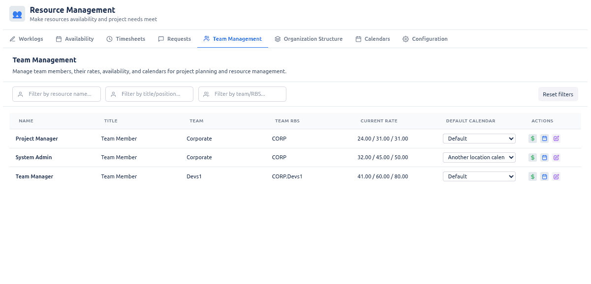 Team Management — table and filters