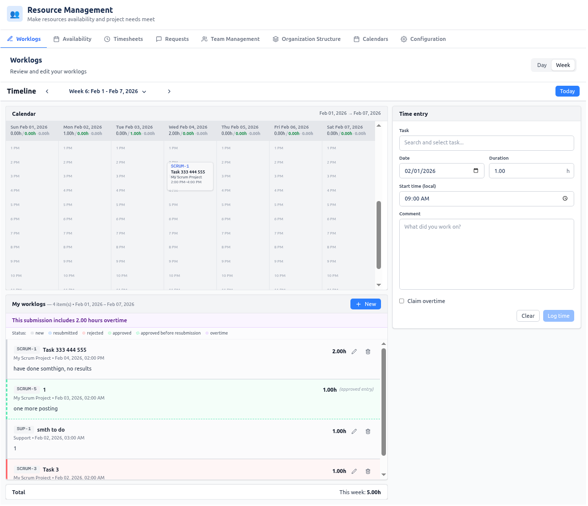 Screenshot placeholder: Worklog editing day/week views